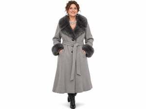 Lane Bryant Penny Lane Coat Womens 22/24 Gray Faux Fur Trim Belted Long Luxe